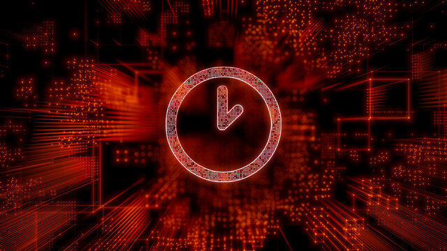 Time Technology Concept with clock symbol against a Futuristic, Orange Digital Grid background. Network Tech Wallpaper. 3D Render 