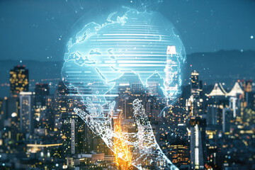 Double exposure of abstract digital world map hologram on San Francisco office buildings background, big data and blockchain concept