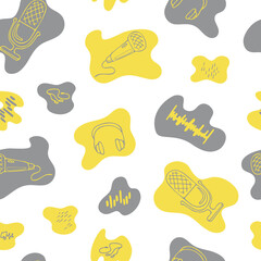 podcast  doodle cartoon 
yellow gray vector illustration. 
seamless pattern for the design of your podcast studio