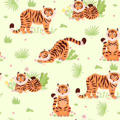Fototapeta na wymiar Seamless pattern with cute tigers and plants. Vector graphics.