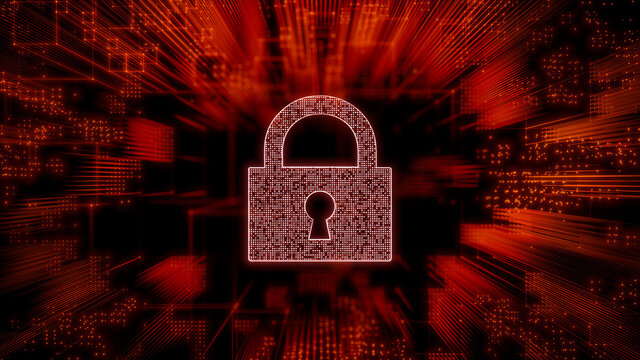 Security Technology Concept with lock symbol against a Futuristic, Orange Digital Grid background. Network Tech Wallpaper. 3D Render 