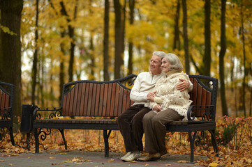 Happy elderly couple sitting on bench in autumn park