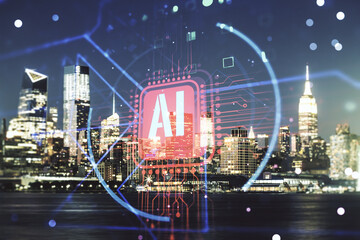 Fototapeta na wymiar Double exposure of creative artificial Intelligence abbreviation hologram on Manhattan office buildings background. Future technology and AI concept