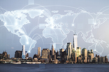 Abstract graphic digital world map hologram with connections on New York cityscape background, globalization concept. Multiexposure
