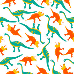 Seamless pattern with cute dinosaurs: diplodocus and Triceratops. Cute dino on white background