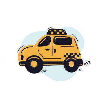 Hand drawn yellow taxi car. Cute kids vector illustration.