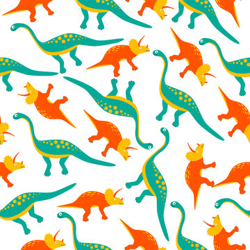 Seamless pattern with cute dinosaurs: diplodocus and Triceratops. Cute dino on white background