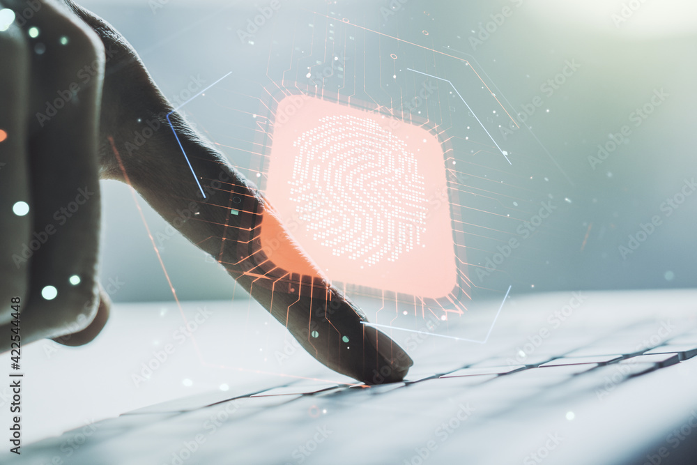 Poster Multi exposure of abstract fingerprint scan interface with hands typing on computer keyboard on background, digital access concept