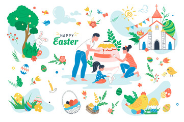 Happy Easter set isolated elements. People painting on paschal egg. Holiday symbols bundle - egg baskets, church, candles, chicken, rabbit, spring flowers. Vector illustration in flat cartoon design