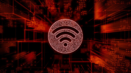 Wireless Technology Concept with wifi symbol against a Futuristic, Orange Digital Grid background. Network Tech Wallpaper. 3D Render 
