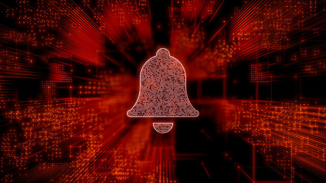 Alert Technology Concept with bell symbol against a Futuristic, Orange Digital Grid background. Network Tech Wallpaper. 3D Render 