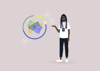 A young female Black financial consultant pointing at the investment program infographics, an online professional advice service