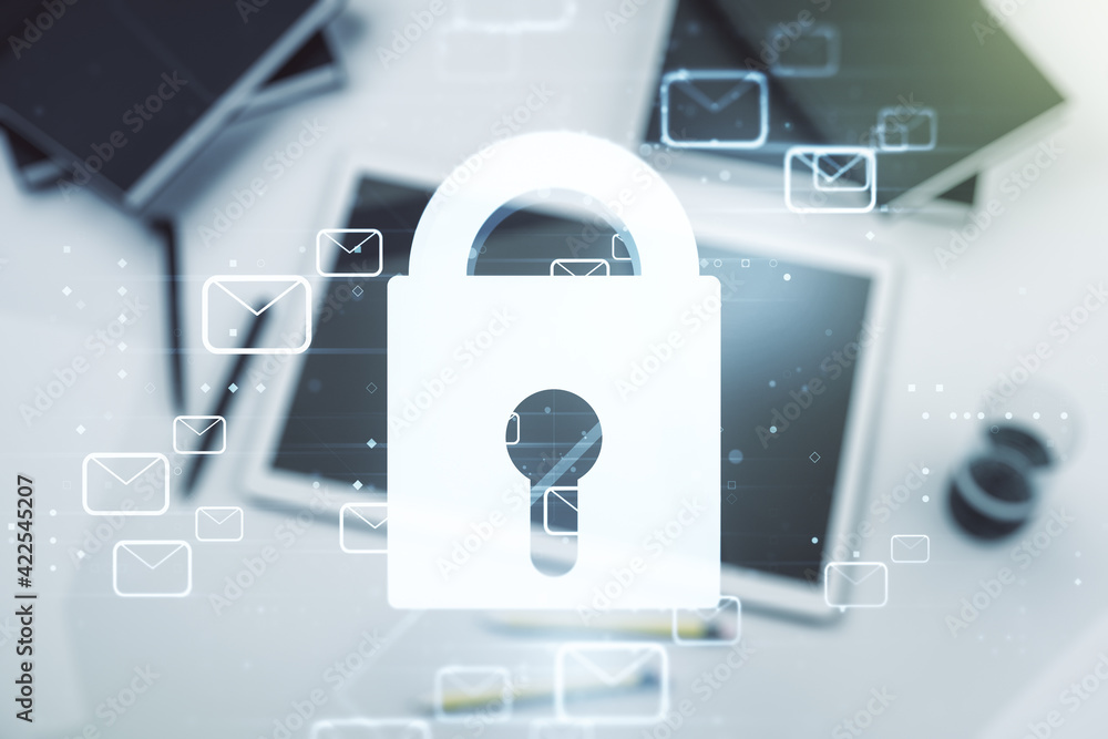 Poster creative lock sketch with email symbols hologram and modern digital tablet on background, protection