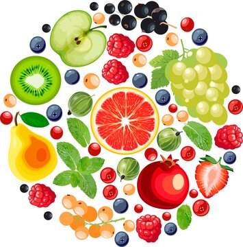 Mix of berries, grapefruit, grapes, pears and apples on a white background