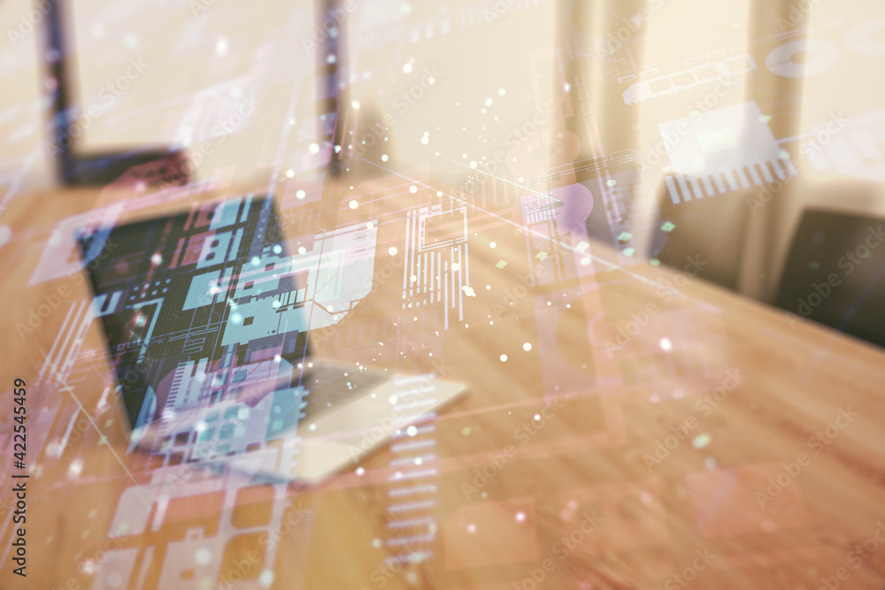 Poster double exposure of abstract creative programming illustration on computer background, big data and b