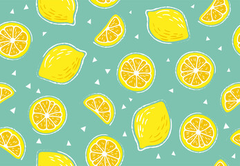 Fresh, tropical fruits, citrus, lemon. Seamless fruit background for banners, printing on fabric, labels, printing on T-shirts. Children's drawing in cartoon style on a blue, turquoise background-01