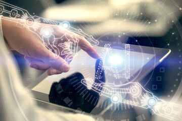 Obraz premium Multi exposure of man's hand holding and using a digital device and data theme drawing. Innovation concept.
