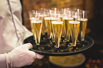 View of different coloured alcohol beverage cocktail drinks setting on bar counter in the night club party, tequila, glasses with martini, vodka, spritz and others on decorated catering banquet table