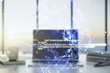Abstract creative coding illustration with world map on modern computer background, international software development concept. Multiexposure