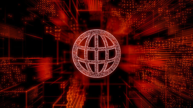 Internet Technology Concept with web symbol against a Futuristic, Orange Digital Grid background. Network Tech Wallpaper. 3D Render 