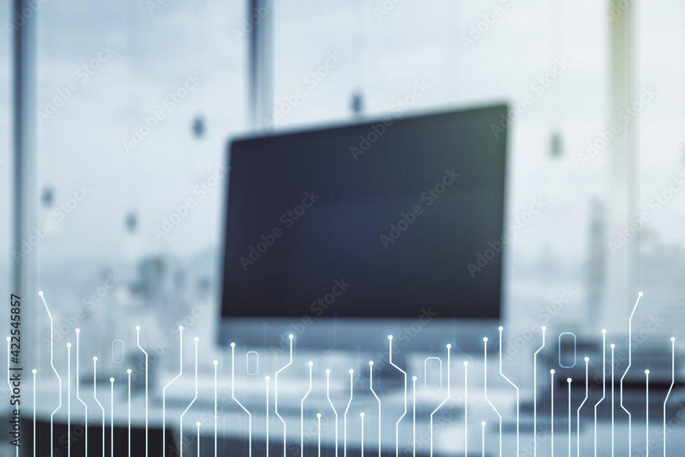Poster creative abstract micro chip hologram on modern computer background, artificial intelligence and mac