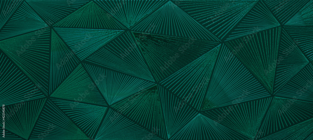 Poster abstract triangular dark green mosaic tile wallpaper texture with geometric fluted triangles backgro