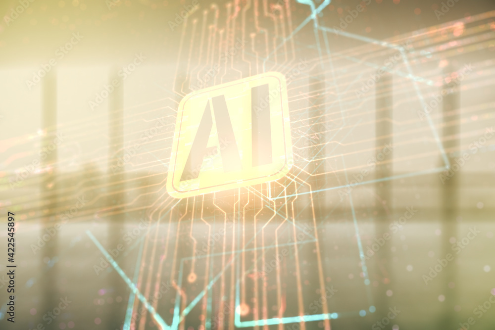 Poster double exposure of creative artificial intelligence icon on empty modern office background. neural n