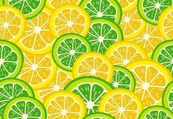 Fresh, tropical fruits, lemon and lime. Seamless fruit background for banners, printing on fabric, labels, printing on T-shirts. Children's drawing in a cartoon style.