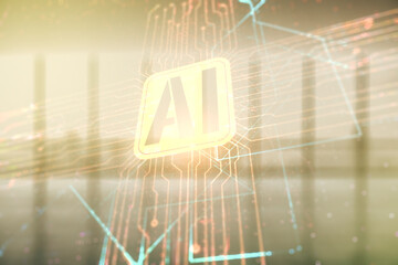 Double exposure of creative artificial Intelligence icon on empty modern office background. Neural networks and machine learning concept