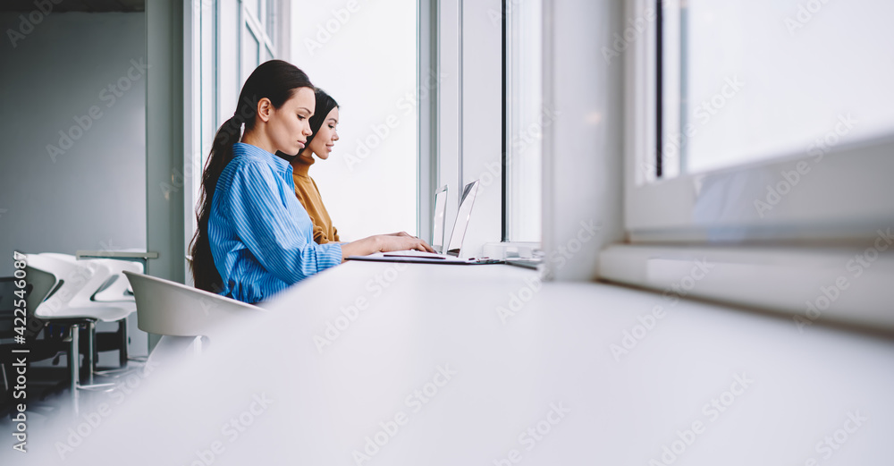 Poster side view of caucasian women sharing media files using bluetooth connection on modern netbooks, skil