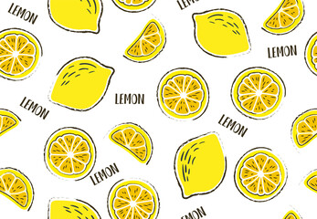 Fresh, tropical fruits, lemon. Seamless fruit background for banners, printing on fabric, labels, printing on T-shirts. Children's drawing in cartoon style, black outline, pen, pencil-03