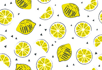Fresh, tropical fruits, lemon. Seamless fruit background for banners, printing on fabric, labels, printing on T-shirts. Children's drawing in cartoon style, black outline, pen, pencil-02