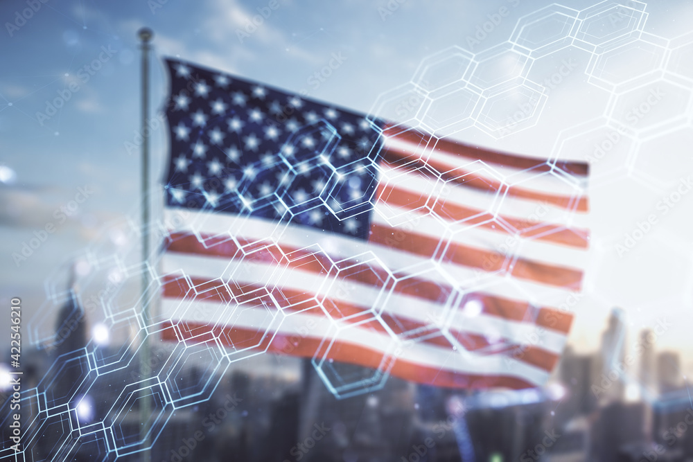Poster abstract virtual wireless technology hologram with hexagon on us flag and skyline background, artifi