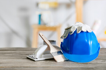 Builder's supplies on table indoors