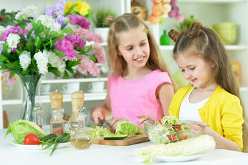 Cute girls preparing delicious fresh salad