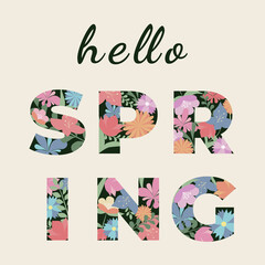Hello spring, Vector banner with flowers and text