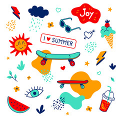 Summer illustrations set. Funny trendy doodles. Hand-drawn skateboard, ice cream and other summer fun symbols and elements.