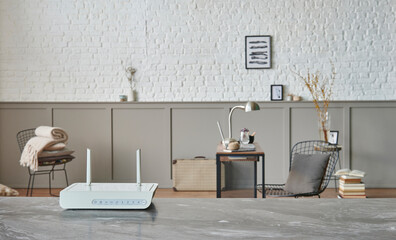 Modem on the table and close up, decorative living room home concept background style.