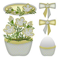 Festive set of elements - a basket with flowers, bows, an Easter egg, a tag. For postcards, scrapbooking, design.