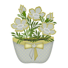 Festive basket with flowers and bow. For postcards, scrapbooking, design.