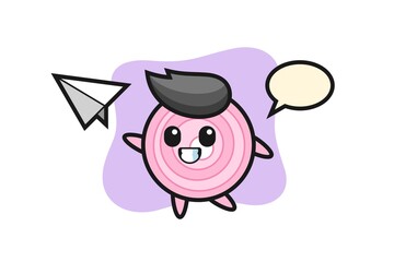 onion rings cartoon character throwing paper airplane