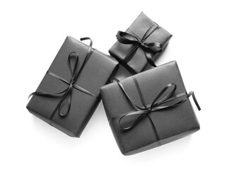 Black gift boxes on white background