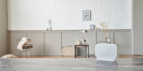 Modem on the table and close up, decorative living room home concept background style.