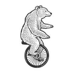 unicycle cartoon circus bear sketch engraving vector illustration. T-shirt apparel print design. Scratch board imitation. Black and white hand drawn image. © Oleksandr Pokusai