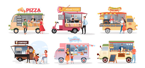 Street market food truck, outdoor cafe vector illustration set. Cartoon foodtruck with menu pizza asian food burger ice cream hot dog fastfood eating, coffee drink, catering service isolated on white.