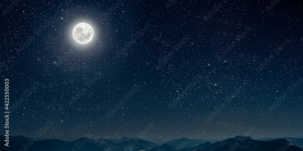 Wall mural mountain. backgrounds night sky with stars and moon and clouds.