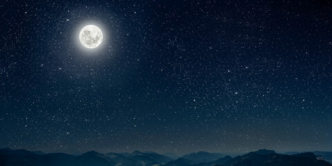 mountain. backgrounds night sky with stars and moon and clouds.