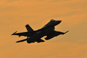 Fighter aircraft in evening sky.