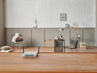 Modem on the table and close up, decorative living room home concept background style.