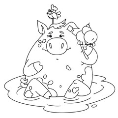 Pig with ice cream and bird on head sitting in puddle vector children colour page